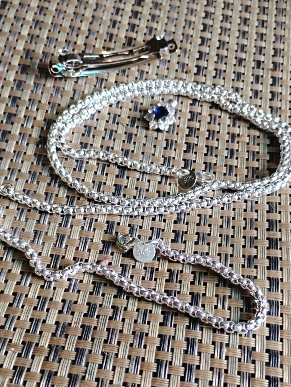 Sterling Silver Rope Chain Necklace with  925  Gems Pendant Accent& 925Bracelet